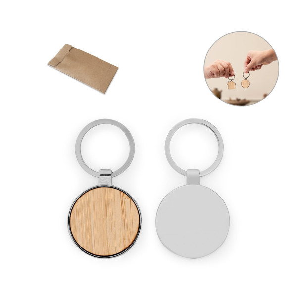 GASTON ROUND. Schlüsselanhänger aus Eisen in runder Form aus Zink und Bambu