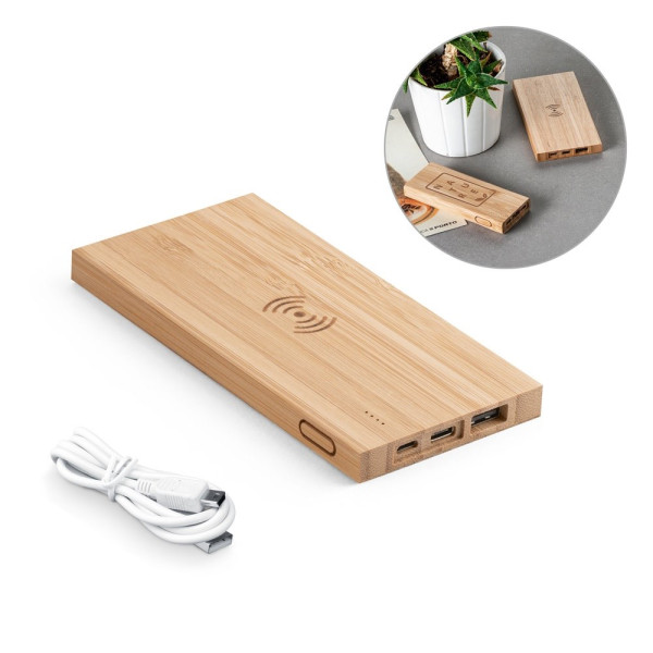 FITCH. Powerbank 5'000 mAh mit 5W wireless Ladegerät aus Bambus
